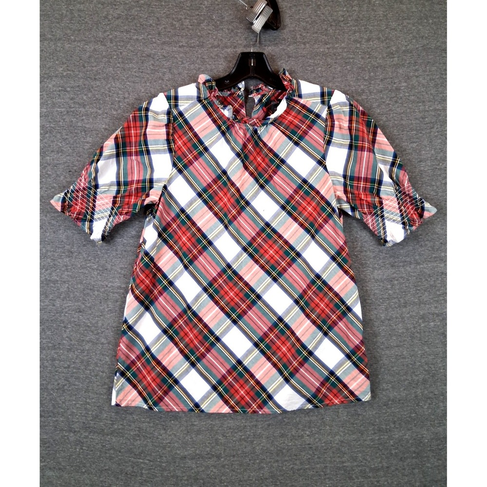 J Crew Womens Shirt XS Red Green Plaid Ruffle‎ Neck Smocked Puff Sleeves Cotton